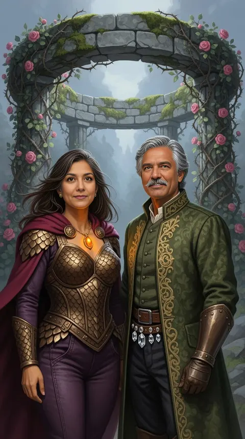 A couple in fantasy costume before a rose-covered stone arch in misty woods, painted fantasy