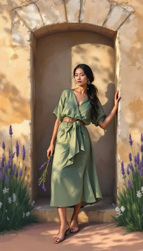 A woman leaning in a sunlit stone doorway framed by lavender, brush illustration