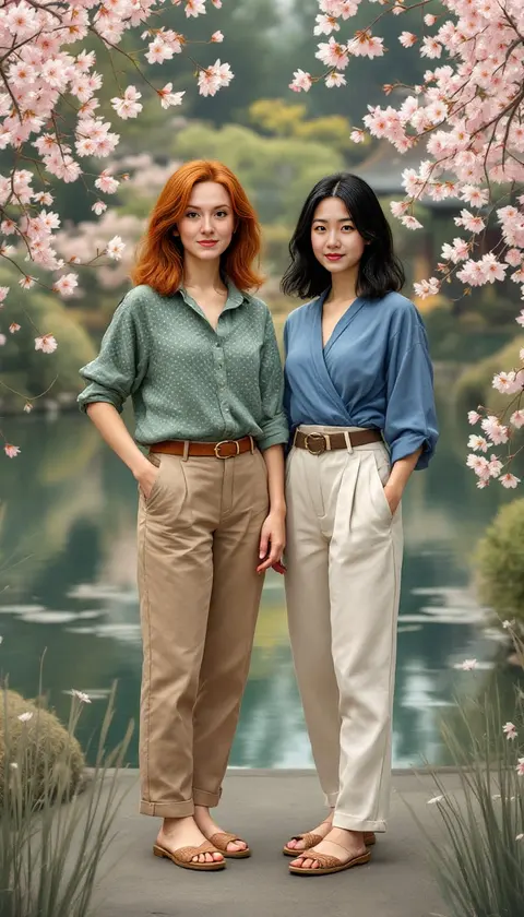 Two women by a mirrored garden pond under pink cherry blossoms, brush illustration