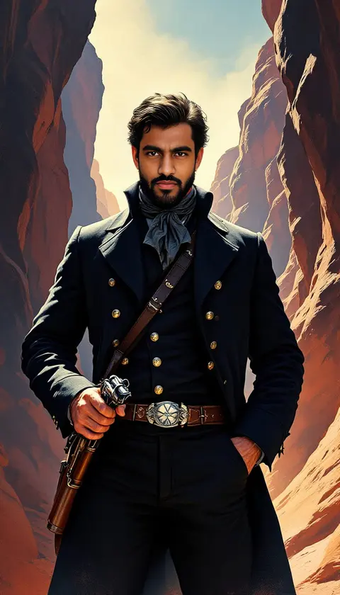 A frontier gunslinger standing in a red sandstone slot canyon, painted movie poster