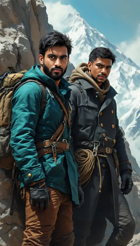 Two friends with climbing ropes and packs below a snowy Himalayan peak, painted comic cover