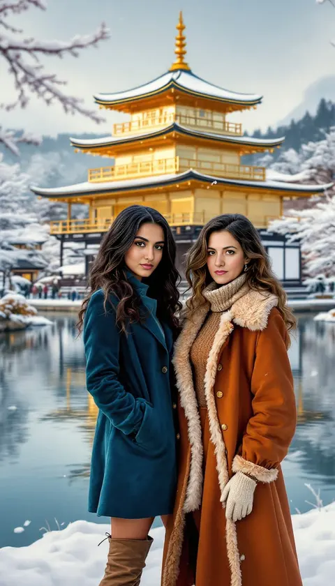 A mother and daughter in winter coats before a golden pavilion in snow, digital painting