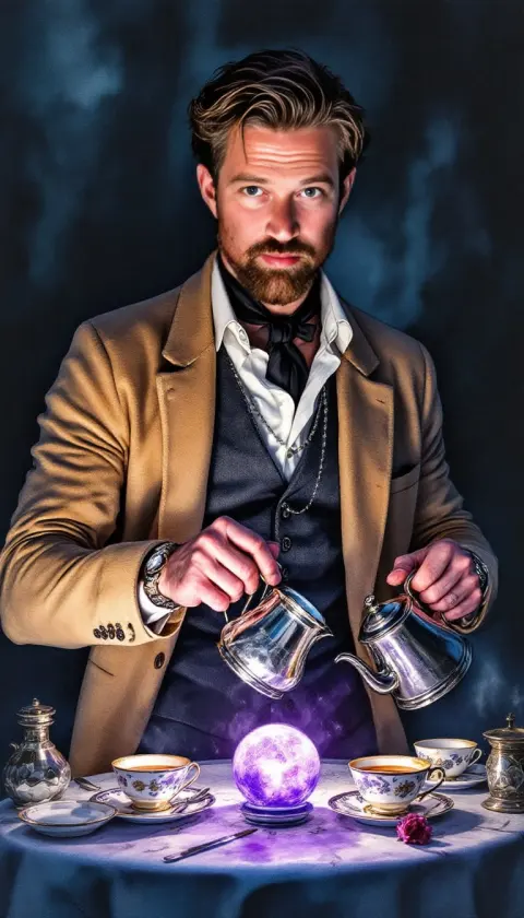 A man pouring potions around a glowing crystal ball, oil painting