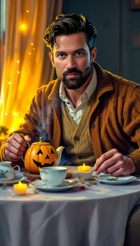 A man pouring tea from a jack-o'-lantern teapot by candlelight, cartoon illustration