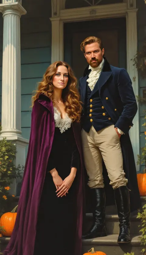 A couple in Regency dress and a velvet cloak beside pumpkins on a porch, painting