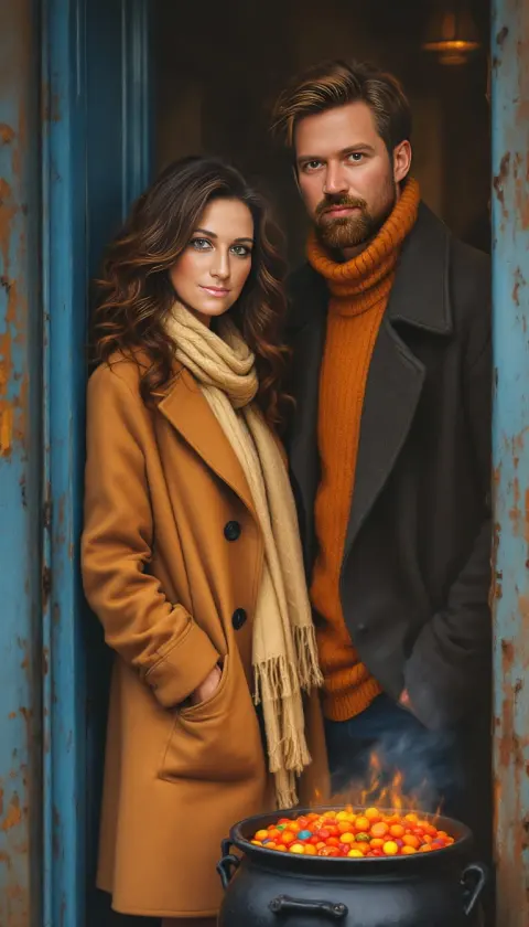 A couple in a doorway beside a bubbling cauldron of candy, painted illustration