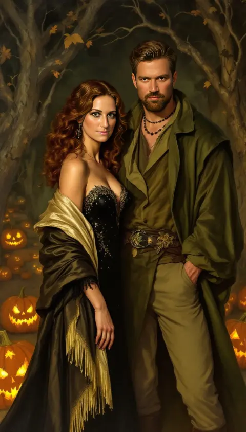 A couple in witchy autumn layers surrounded by glowing jack-o'-lanterns, ink illustration