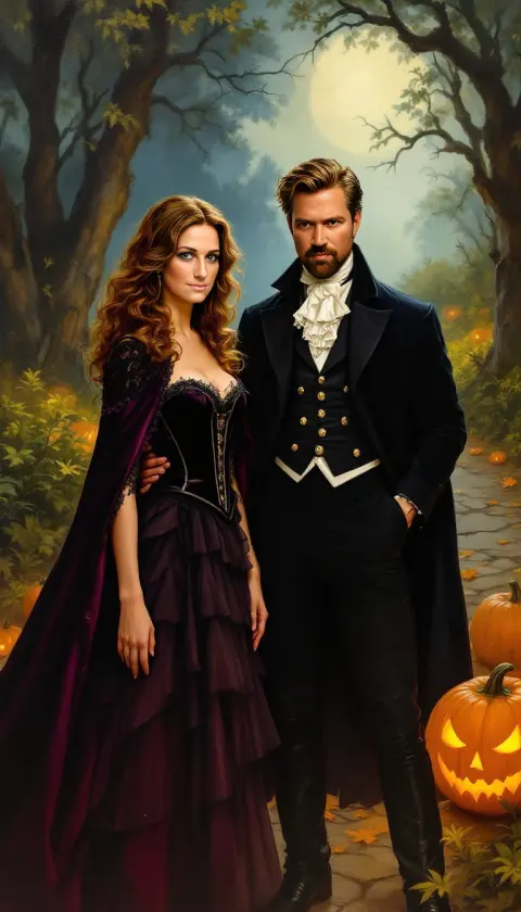 A couple in gothic Victorian costume under a full moon beside a jack-o'-lantern, oil painting