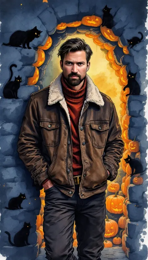 A man in a shearling jacket in a pumpkin-lined archway full of black cats, illustration