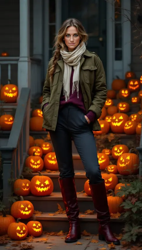 A woman on porch steps lined with glowing jack-o'-lanterns, illustration