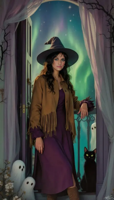 A woman in a witch's hat with ghosts and a black cat at a moonlit window, illustration