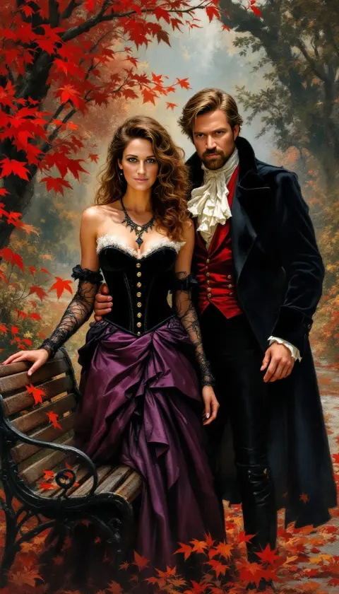 A couple in gothic Victorian dress among red autumn leaves, painted comic cover