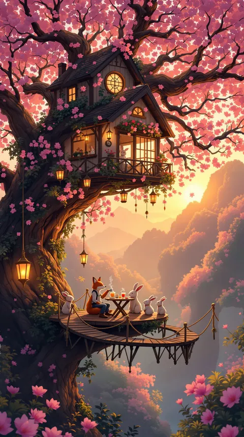 A misty, high-detail treehouse cafe with a fox barista and rabbits, by Flux 1.1 Pro Ultra