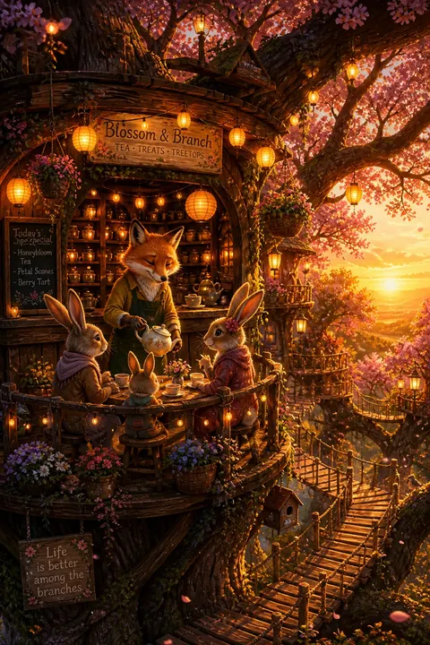 A glowing treehouse cafe counter with a fox barista and a hand-lettered sign, by GPT Image 2