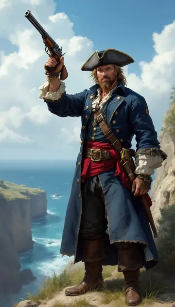 The man dreamed as a pirate captain on a sea cliff, painted illustration