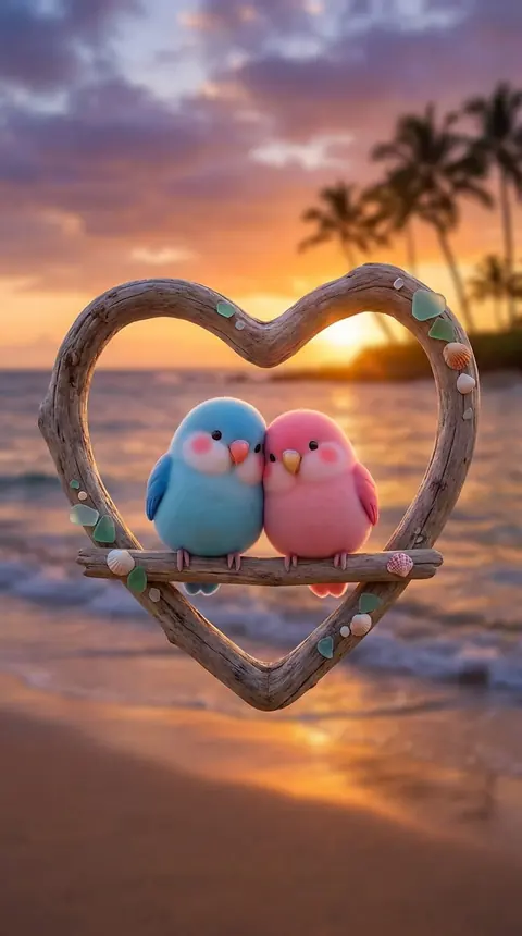 Two felted lovebirds perched in a driftwood heart at a beach sunset