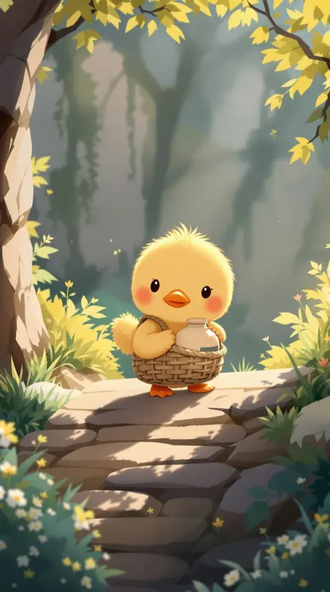 A fluffy yellow duckling carrying a basket on stone steps, soft illustration