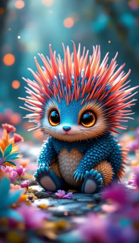 A wide-eyed fuzzy creature with coral-red spines sitting among pink flowers, 3D render
