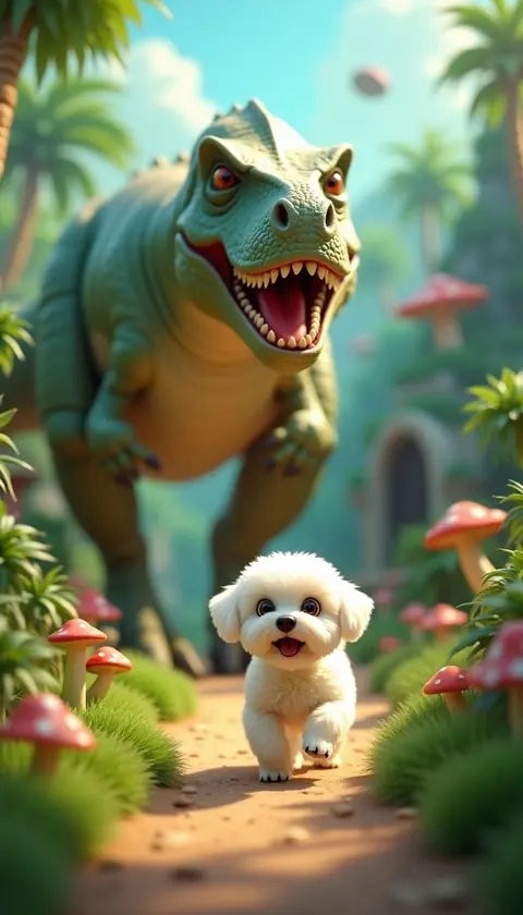 A fluffy white puppy racing ahead of a grinning dinosaur, cartoon 3D render