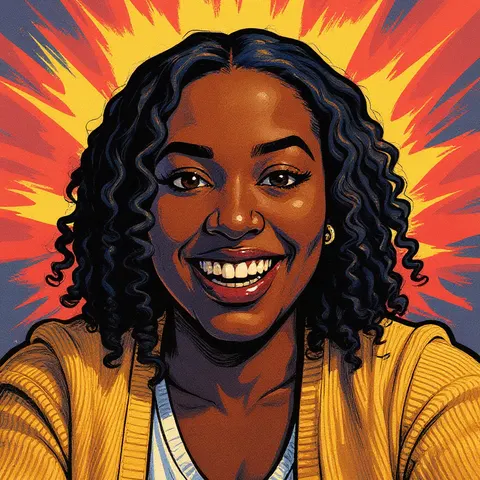 The same woman restyled as a pop-art comic panel