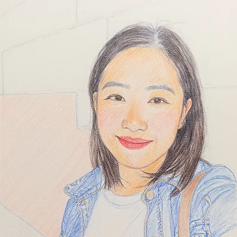 The woman in the denim jacket restyled as a colored-pencil drawing