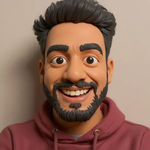 The same man restyled as a claymation stop-motion character