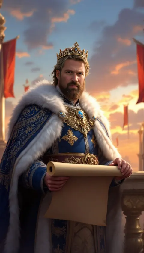 A man as a crowned king in a fur-trimmed royal robe holding a scroll at sunset