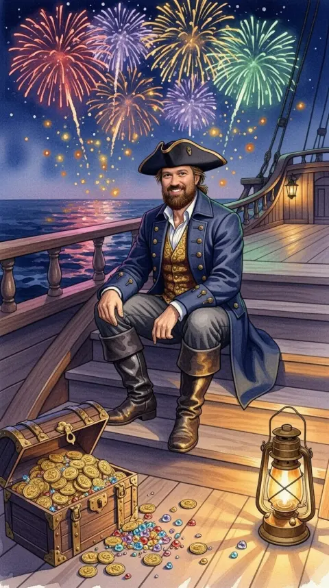 A man as a grinning pirate captain on deck under bursting fireworks, treasure at his feet