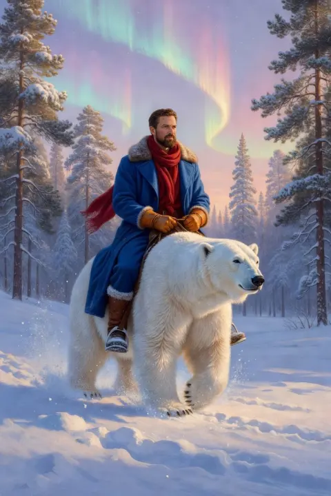 A man in a blue coat riding a polar bear through snowy pines under the aurora