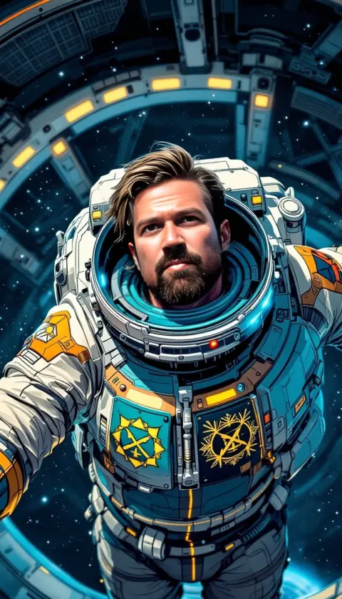 A man in a detailed astronaut suit floating beside a space station ring among stars