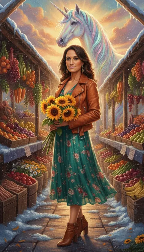 A woman holding sunflowers in a glowing fruit market as a rainbow unicorn looks on