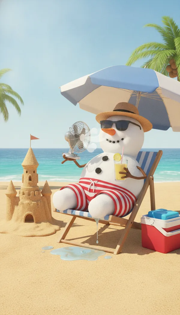 A 3D animated snowman lounging in a beach chair with lemonade and a tiny fan, a small puddle forming under his chair.