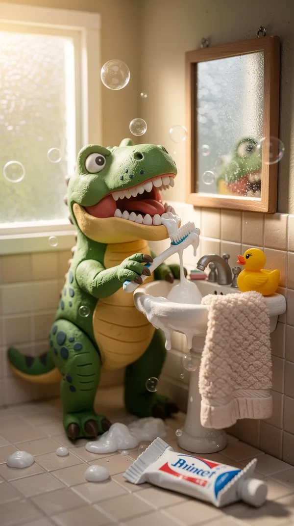 A clay T. rex trying to brush its teeth at a tiny bathroom sink with a rubber duck and foam bubbles everywhere.