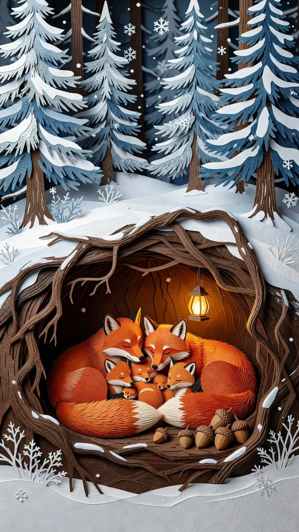 Layered cut-paper art of a fox family asleep in a burrow under a snowy pine forest, with a tiny lantern and acorns.