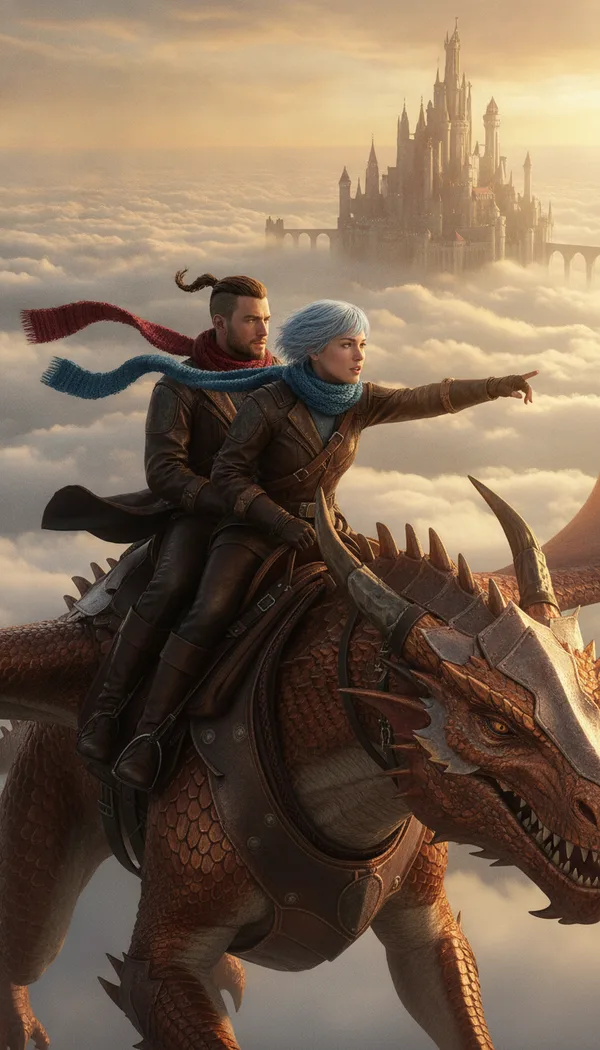 A man and a woman in leather flight jackets riding a copper dragon over the clouds toward floating castles at sunrise.