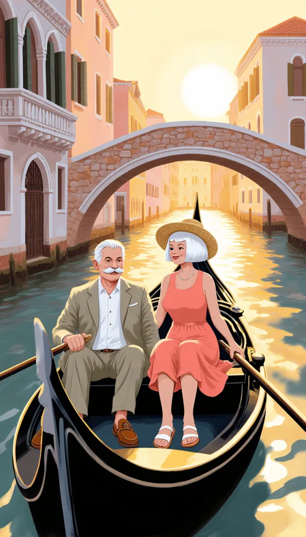 An older couple in a gondola on a Venice canal at sunset, him in a linen suit and her in a coral sundress and straw hat.