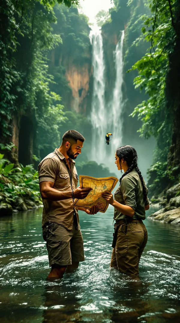 A man and a woman in explorer clothes wading through a jungle river with an old map, below vine-draped ruins and a waterfall.