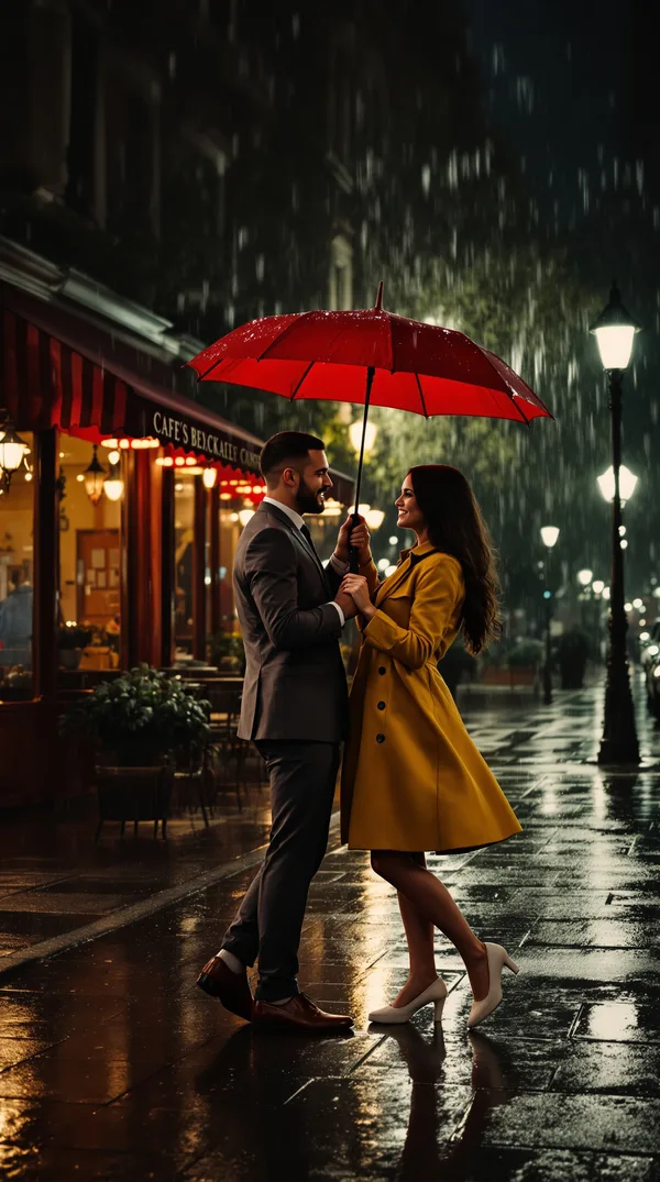 A man in a grey suit and a woman in a yellow trench coat dancing under a red umbrella on a rainy street at night.