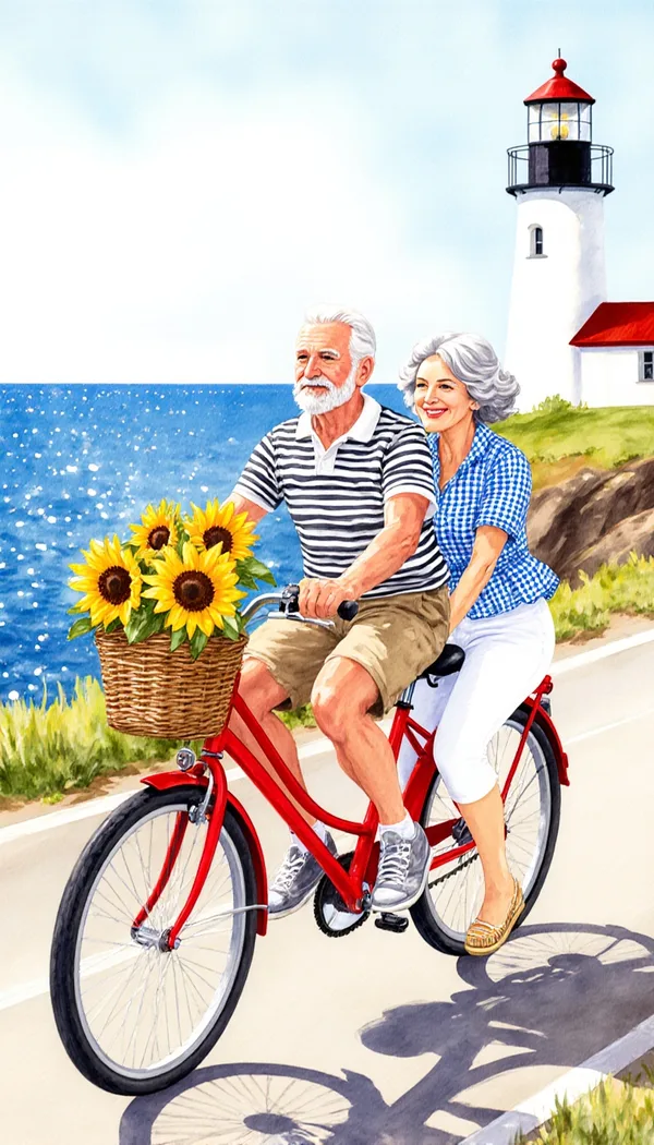 An older man and woman riding a red tandem bicycle along a seaside cliff road with a lighthouse and a sparkling bay below.