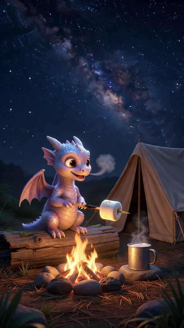 A lavender baby dragon roasting a marshmallow over a campfire beside a tent under a starry sky.