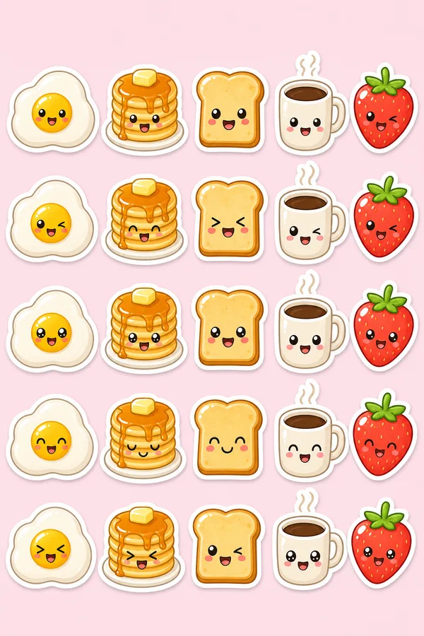 A sheet of cute breakfast stickers with smiling faces: an egg, pancakes, toast, a coffee mug and a strawberry.