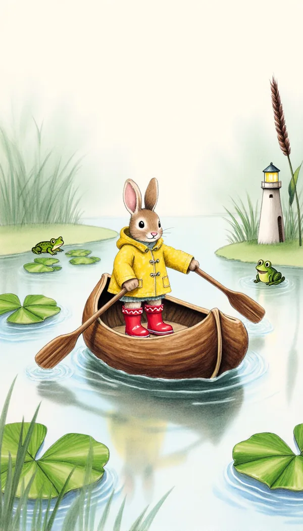 A bunny in a yellow raincoat rowing a walnut-shell boat across a misty lily pond past a sleepy frog.