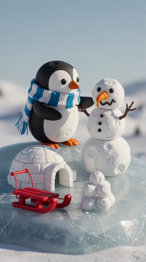 A clay penguin in a striped scarf building a lopsided snowman beside a tiny igloo and a red sled.