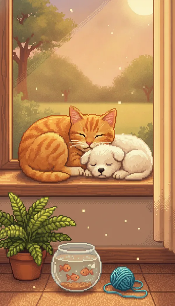 Pixel art of an orange cat and a white puppy napping on a sunny window seat beside a fern and a fishbowl.