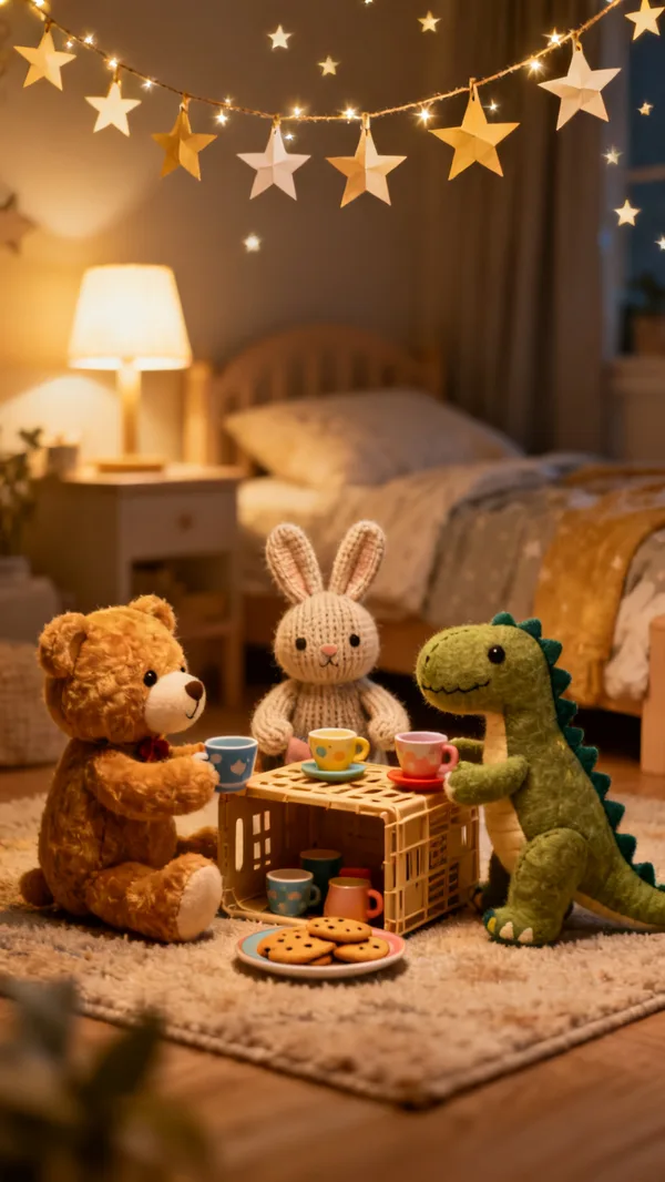 A teddy bear, a knitted bunny and a felt dinosaur having a tea party on a bedroom rug under paper stars.