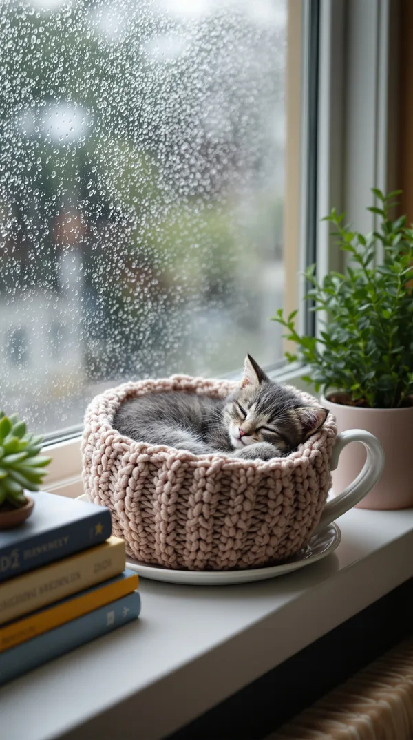 A sleepy grey kitten curled in a knitted teacup bed on a rainy windowsill beside books and a steaming mug.