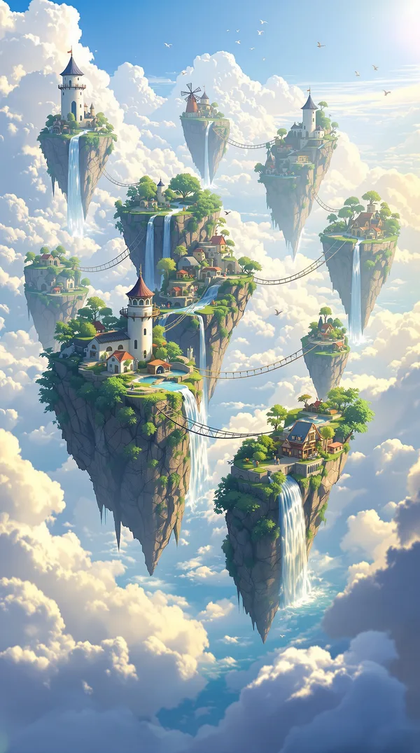 Floating islands above the clouds with waterfalls pouring off them, linked by rope bridges, with a white tower and a windmill.
