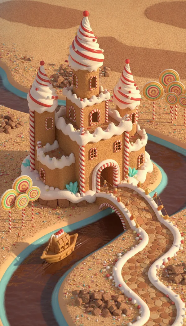 A gingerbread castle with candy-cane towers beside a chocolate river, with lollipop trees and a gumdrop bridge.