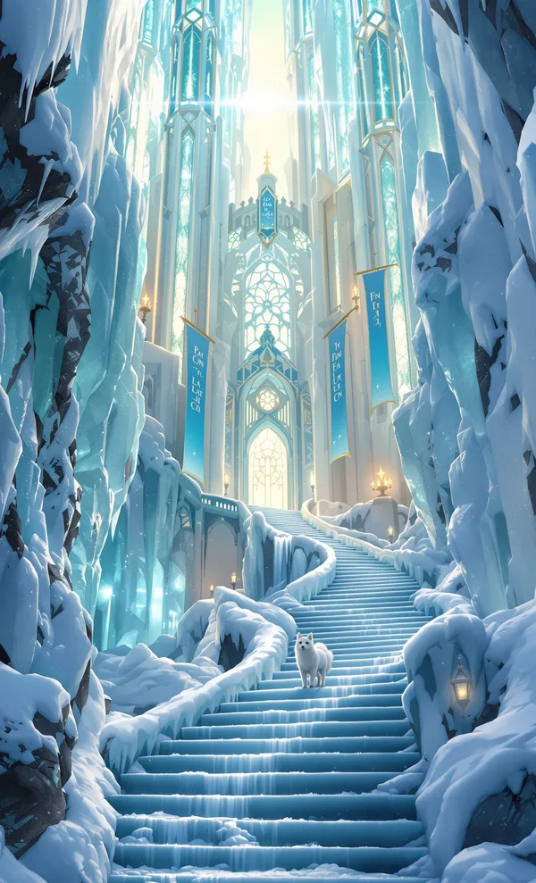 A palace of translucent ice towers on a glacier at dawn, with an ice staircase, a frozen waterfall and a white fox on the steps.