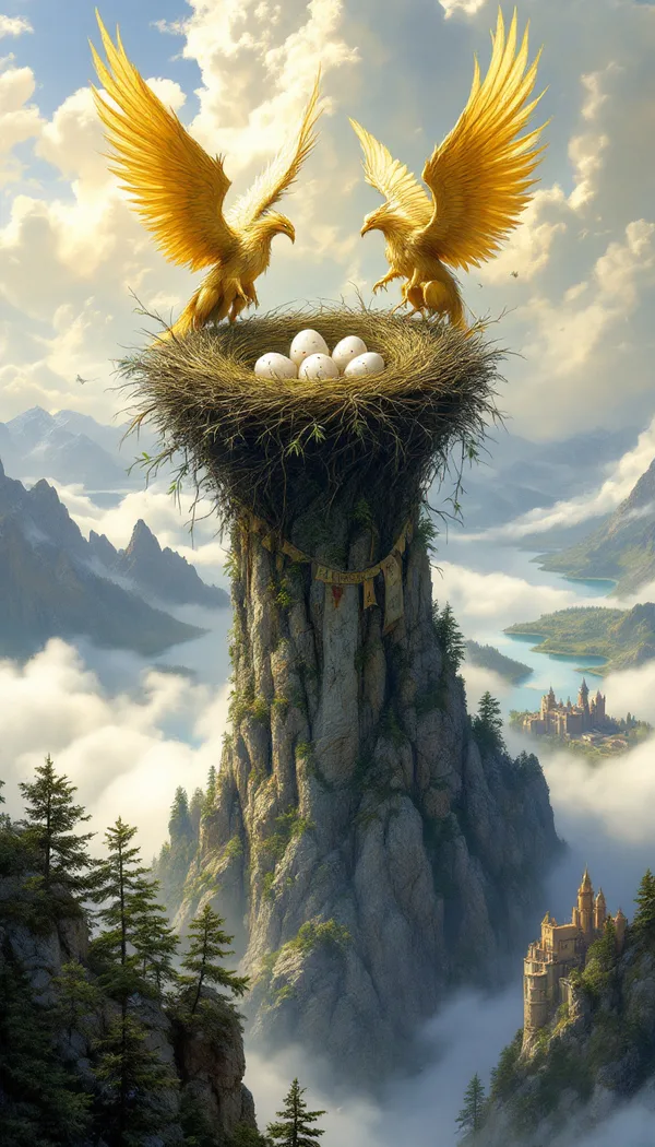 Two golden griffins circling a huge nest with speckled eggs on top of a thin mountain spire high above a valley of lakes.